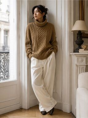 Skull Cashmere Brown 100% Cashmere  Cable Knit Turtleneck Sweater Medium Luxe